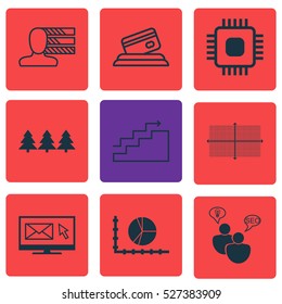 Set Of 9 Universal Editable Icons. Can Be Used For Web, Mobile And App Design. Includes Elements Such As Chip, Square Diagram, Credit Card And More.