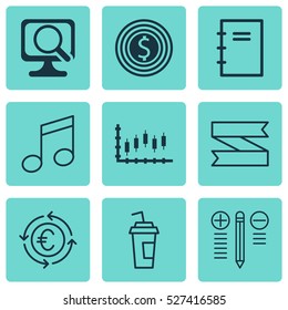 Set Of 9 Universal Editable Icons. Can Be Used For Web, Mobile And App Design. Includes Elements Such As Spiral Notebook, Laptop, Business Goal And More.