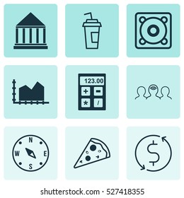 Set Of 9 Universal Editable Icons. Can Be Used For Web, Mobile And App Design. Includes Elements Such As Sliced Pizza, Drink Cup, Coaching And More.