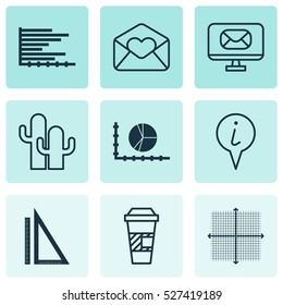 Set Of 9 Universal Editable Icons. Can Be Used For Web, Mobile And App Design. Includes Elements Such As Graphical Grid, Info Pointer, Circle Graph And More.