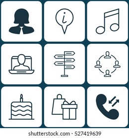 Set Of 9 Universal Editable Icons. Can Be Used For Web, Mobile And App Design. Includes Elements Such As Business Woman, Celebration Cake, Info Pointer And More.