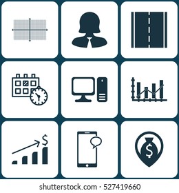 Set Of 9 Universal Editable Icons. Can Be Used For Web, Mobile And App Design. Includes Elements Such As Money Navigation, Appointment, Desktop Computer And More.