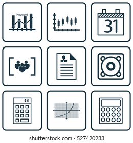 Set Of 9 Universal Editable Icons. Can Be Used For Web, Mobile And App Design. Includes Elements Such As Date, Line Grid, Curriculum Vitae And More.