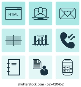 Set Of 9 Universal Editable Icons. Can Be Used For Web, Mobile And App Design. Includes Elements Such As Keyword Optimisation, Square Diagram, Coding And More.