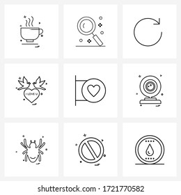 Set von 9 Symbolen für die universelle Linie; Taube; redo; Valentinstag; Valentinvektorgrafik
