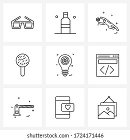 Conjunto de 9 íconos universales de ideas; helado; deportes; harina; Ilustración del vector de helados