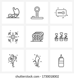 Conjunto de 9 iconos de la línea universal de nieve; Navidad; almohadilla; tarjeta; Ilustración de vectores de protección