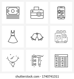 Set of 9 Universal Line Icons of festival; bell; gear; jingle bell; garments Vector Illustration