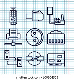 Set of 9 universal outline icons such as yin yang, remote control, phone cable, phone connection cable