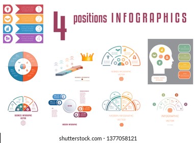 Set 9 universal templates elements Infographics conceptual cyclic processes for 4 positions possible to use for workflow, banner, diagram, web design, timeline, area chart,number options.