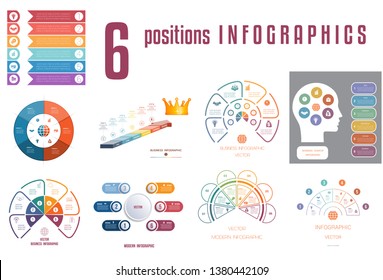 Set 9 universal templates elements Infographics conceptual cyclic processes for 6 positions possible to use for workflow, banner, diagram, web design, timeline, area chart,number options.