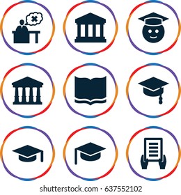 set of 9 university filled icons such as court, book, holding document, graduate emoji, teacher, court building, arrows up
