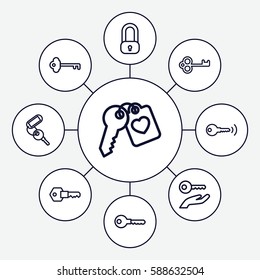 Set of 9 unlock outline icons such as key, heart key, lock