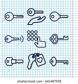 Set of 9 unlock outline icons such as heart key, key, key on hand