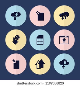 Set of 9 upload filled icons such as download cloud, download document, arrow up, arrow down, window browser upload, memory card