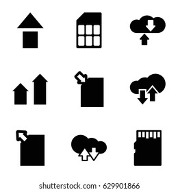 set of 9 upload filled icons such as arrow up