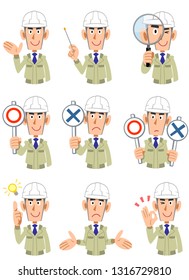 A set of 9 upper-body expressions and gestures of men wearing work clothes wearing helmets 1