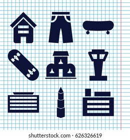 Set of 9 urban filled icons such as airport tower, building, business center building, pants, skate board