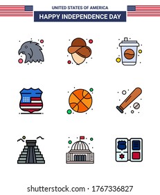 Set of 9 USA Day Icons American Symbols Independence Day Signs for day; ball; drink; basketball; usa Editable USA Day Vector Design Elements