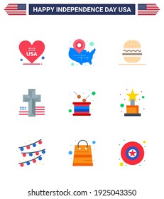 Set of 9 USA Day Icons American Symbols Independence Day Signs for drum; church; location pin; cross; usa Editable USA Day Vector Design Elements