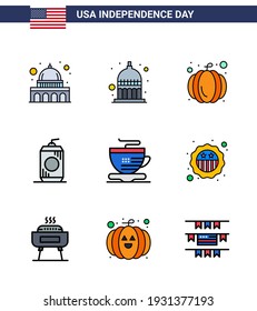 Set of 9 USA Day Icons American Symbols Independence Day Signs for coffee; tea; american; usa; cola Editable USA Day Vector Design Elements