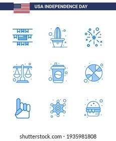 Set of 9 USA Day Icons American Symbols Independence Day Signs for drink; bottle; fire; scale; justice Editable USA Day Vector Design Elements