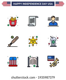 Set of 9 USA Day Icons American Symbols Independence Day Signs for military; usa; man; sports; baseball Editable USA Day Vector Design Elements