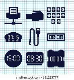Set of 9 usb filled icons such as wire, digital clock, phone cable