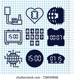 Set of 9 usb filled and outline icons such as digital clock, cpu planet, cpu in heart