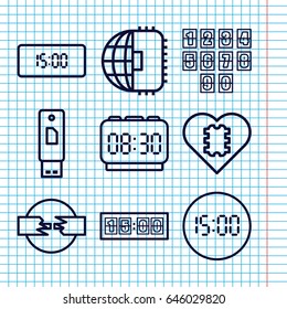 Set of 9 usb outline icons such as digital clock, cpu in heart, cpu planet, usb drive