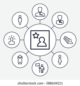 Set of 9 user outline icons such as man, woman, group, businessman, favorite photo, user bulb