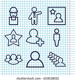 Set of 9 user outline icons such as man, businessman, group, worker, add friend, favourite user, favorite photo