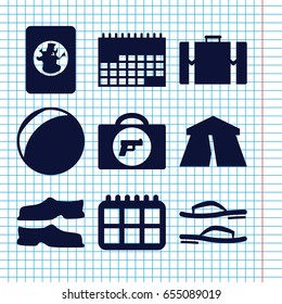 Set of 9 vacation filled icons such as briefcase with weapon, tent, slippers, flip flops, suitcase, passport, calendar