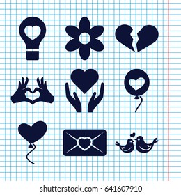Set of 9 valentine filled icons such as flower, broken heart, love letter, bulb heart