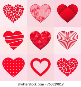 Set of 9 valentine hearts in different styles. Vector illustration.