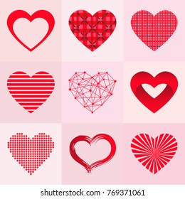 Set of 9 valentine hearts in different styles. Vector illustration.