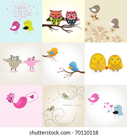 Set of 9 valentines cards with cute birds couples