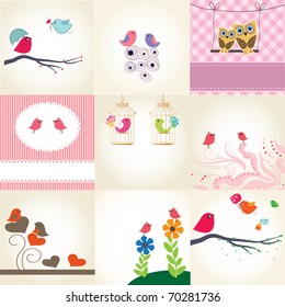 Set of 9 valentines cards with cute birds