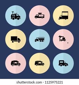 Set of 9 van filled icons such as van, cargo truck, tv van