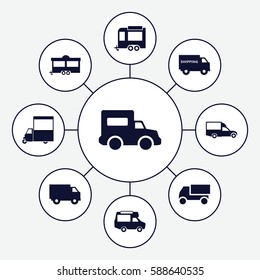 Set of 9 van filled icons such as truck, van, trailer