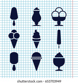 Set of 9 vanilla filled icons such as ice cream, ice cream on stick