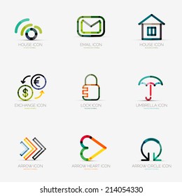 Set of 9 various company logos, business icons. Wifi email home house currency exchange lock security protection umbrella arrow right next heart like social arrow circle round rotation