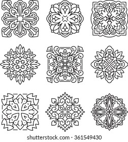 Set of 9 various design elements in a mono-line style. Vector illustration for logo design, tattoo and other.