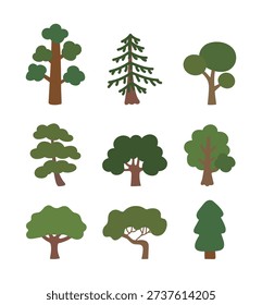 Set of 9 various green tree icons in a simple hand-drawn style. Minimalist flat vector illustrations of pine, oak, and garden trees, ideal for eco-friendly designs, maps, and landscape projects.