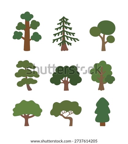Set of 9 various green tree icons in a simple hand-drawn style. Minimalist flat vector illustrations of pine, oak, and garden trees, ideal for eco-friendly designs, maps, and landscape projects.