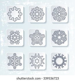 Set of 9 various snowflakes winter icons. Thin line design. Rime background. Vector illustration.