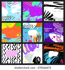 Set of 9 vector abstract cards. Isolated elements: swash, drops, hand drawn with brush pen. Colorful, black and white textured background.