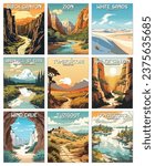 Set of 9 Vector Art of National Park. Black canyon, zion, white sands, wrangell-st.elias, tumacácori, walnut canyon, wind cave, tuzigoot, voyageurs. Template for banner poster.
