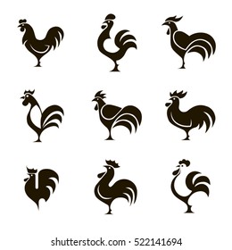 Set of 9 vector black and white roosters on a white background