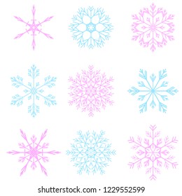 Set of 9 vector blue and pink snowflakes. Cute flat winter isolated icons